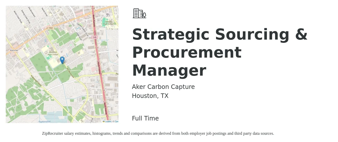Aker Carbon Capture job posting for a Strategic Sourcing & Procurement Manager in Houston, TX with a salary of $123,200 to $159,500 Yearly with a map of Houston location.