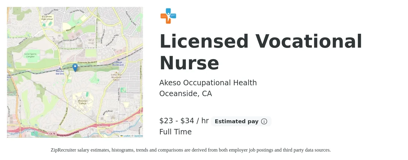 Akeso Occupational Health job posting for a Licensed Vocational Nurse in Oceanside, CA with a salary of $24 to $36 Hourly with a map of Oceanside location.