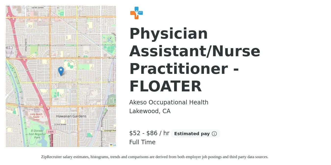 Akeso Occupational Health job posting for a Physician Assistant/Nurse Practitioner - FLOATER in Lakewood, CA with a salary of $55 to $90 Hourly with a map of Lakewood location.