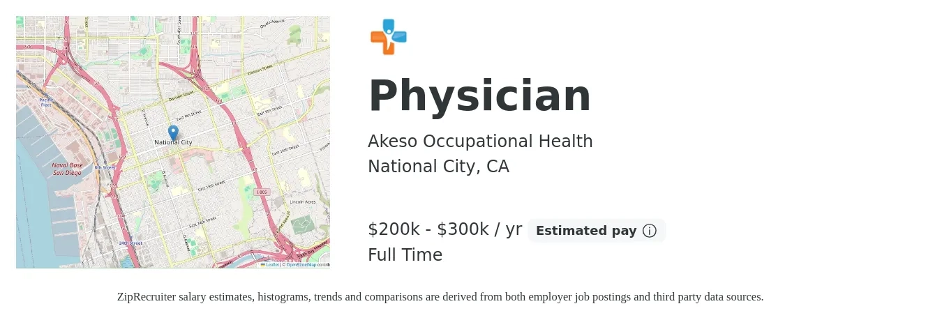 Akeso Occupational Health job posting for a Physician in National City, CA with a salary of $200,000 to $300,000 Yearly with a map of National City location.