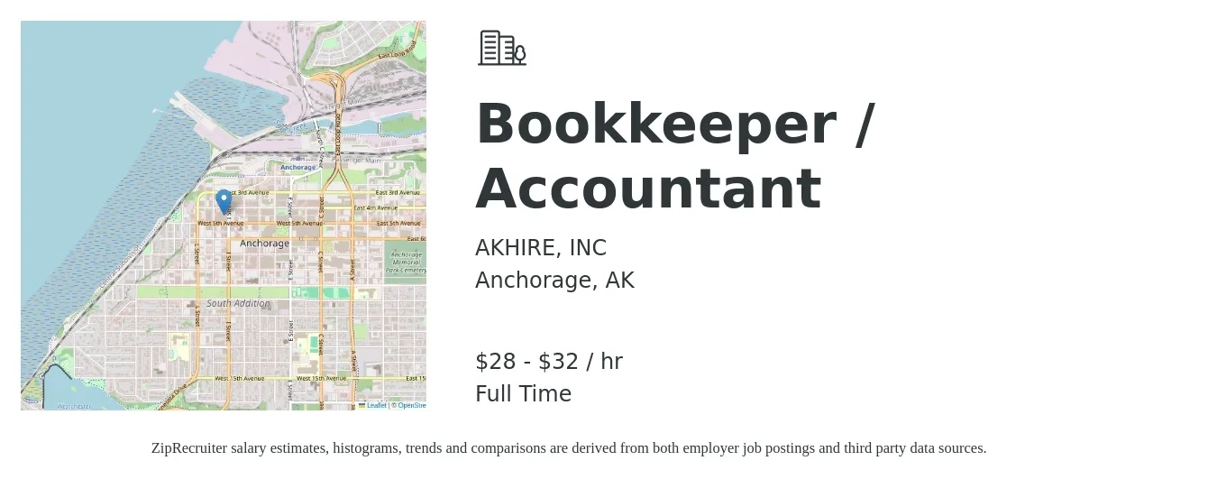 AKHIRE, INC job posting for a Bookkeeper / Accountant in Anchorage, AK with a salary of $30 to $34 Hourly with a map of Anchorage location.
