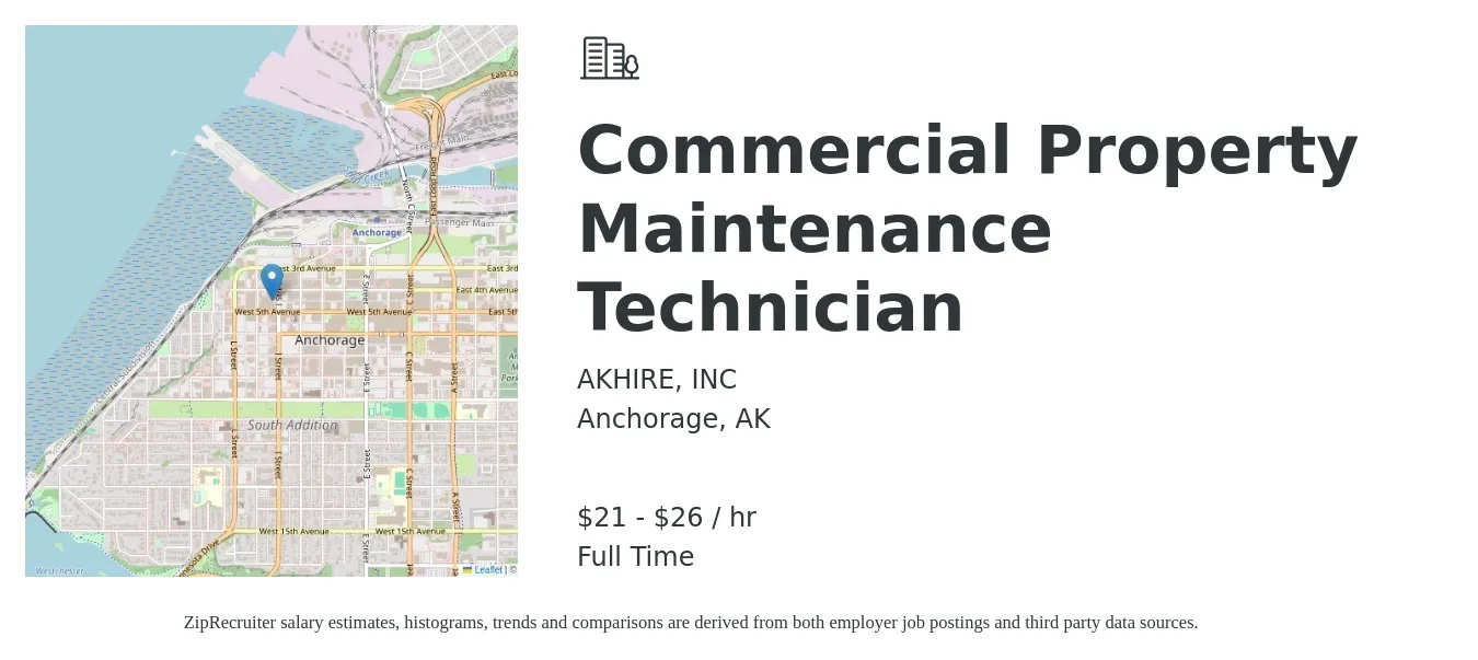 AKHIRE, INC job posting for a Commercial Property Maintenance Technician in Anchorage, AK with a salary of $22 to $28 Hourly with a map of Anchorage location.