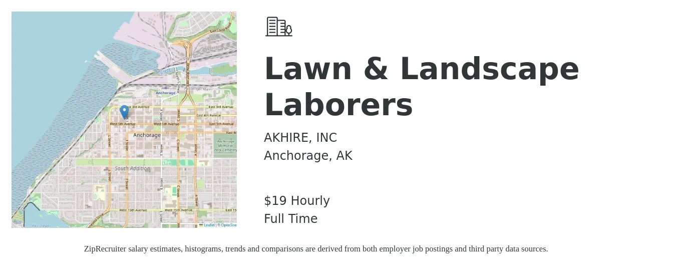 AKHIRE, INC job posting for a Lawn & Landscape Laborers in Anchorage, AK with a salary of $20 Hourly with a map of Anchorage location.