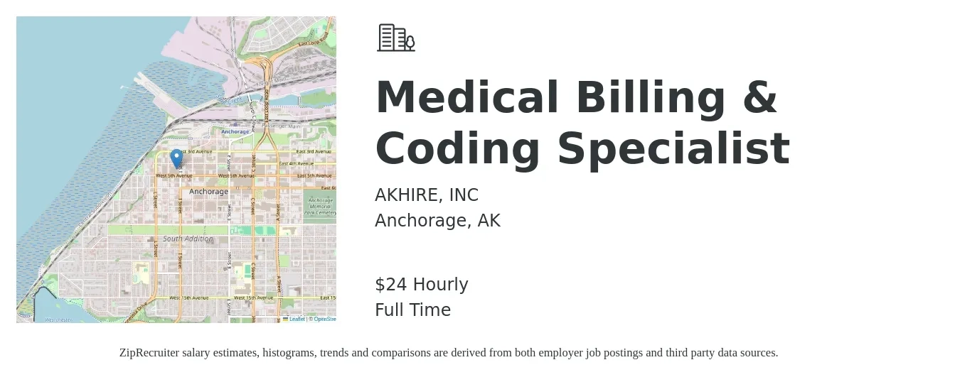 AKHIRE, INC job posting for a Medical Billing & Coding Specialist in Anchorage, AK with a salary of $25 Hourly with a map of Anchorage location.