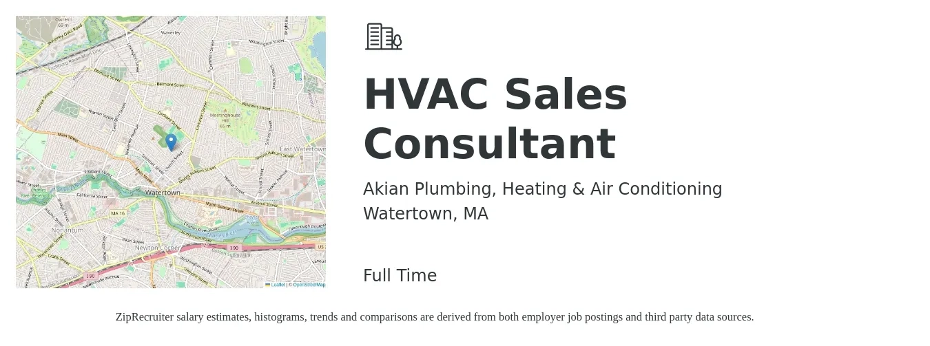 Akian Plumbing, Heating & Air Conditioning job posting for a HVAC Sales Consultant in Watertown, MA with a salary of $18 to $33 Hourly with a map of Watertown location.
