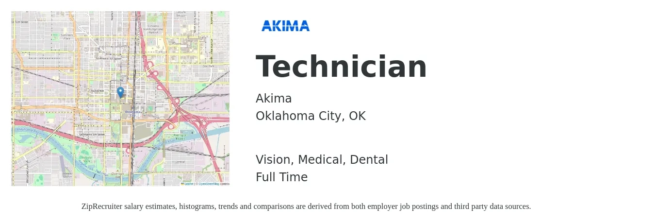 Akima job posting for a Technician in Oklahoma City, OK with a salary of $42,700 to $65,000 Yearly and benefits including dental, life_insurance, medical, retirement, and vision with a map of Oklahoma City location.