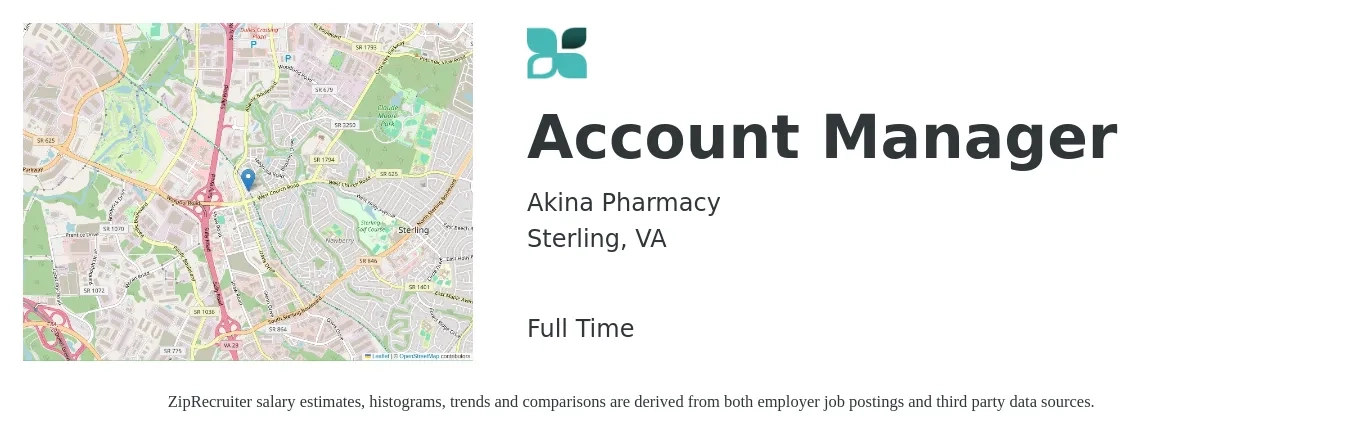 Akina Pharmacy job posting for a Account Manager in Sterling, VA with a salary of $48,500 to $79,300 Yearly with a map of Sterling location.