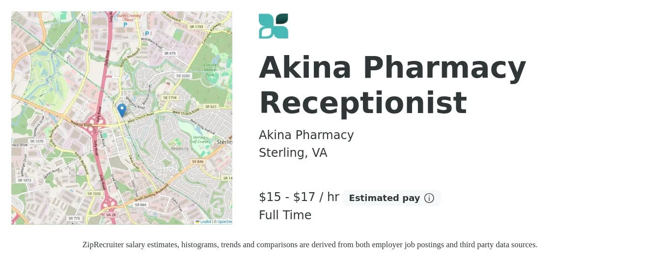 Akina Pharmacy job posting for a Akina Pharmacy Receptionist in Sterling, VA with a salary of $16 to $18 Hourly with a map of Sterling location.