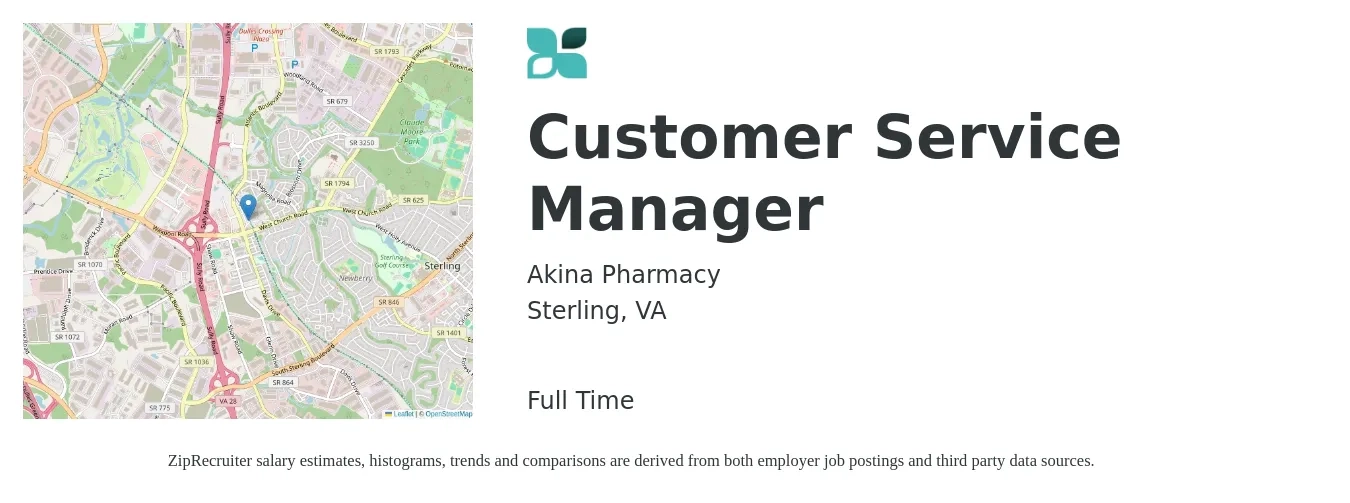 Akina Pharmacy job posting for a Customer Service Manager in Sterling, VA with a salary of $41,400 to $70,700 Yearly with a map of Sterling location.