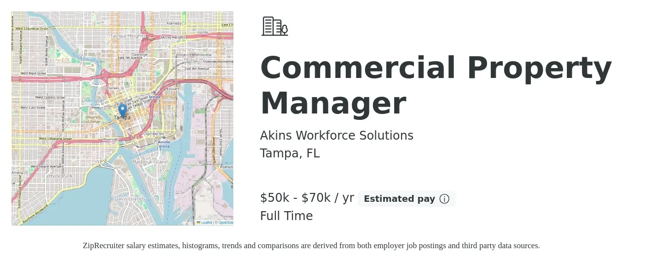 Akins Workforce Solutions job posting for a Commercial Property Manager in Tampa, FL with a salary of $50,000 to $70,000 Yearly with a map of Tampa location.