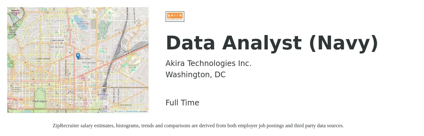 Akira Technologies Inc. job posting for a Data Analyst (Navy) in Washington, DC with a salary of $70,800 to $109,900 Yearly with a map of Washington location.