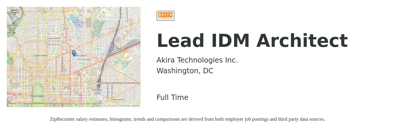 Akira Technologies Inc. job posting for a Lead IDM Architect in Washington, DC with a salary of $62 to $86 Hourly with a map of Washington location.