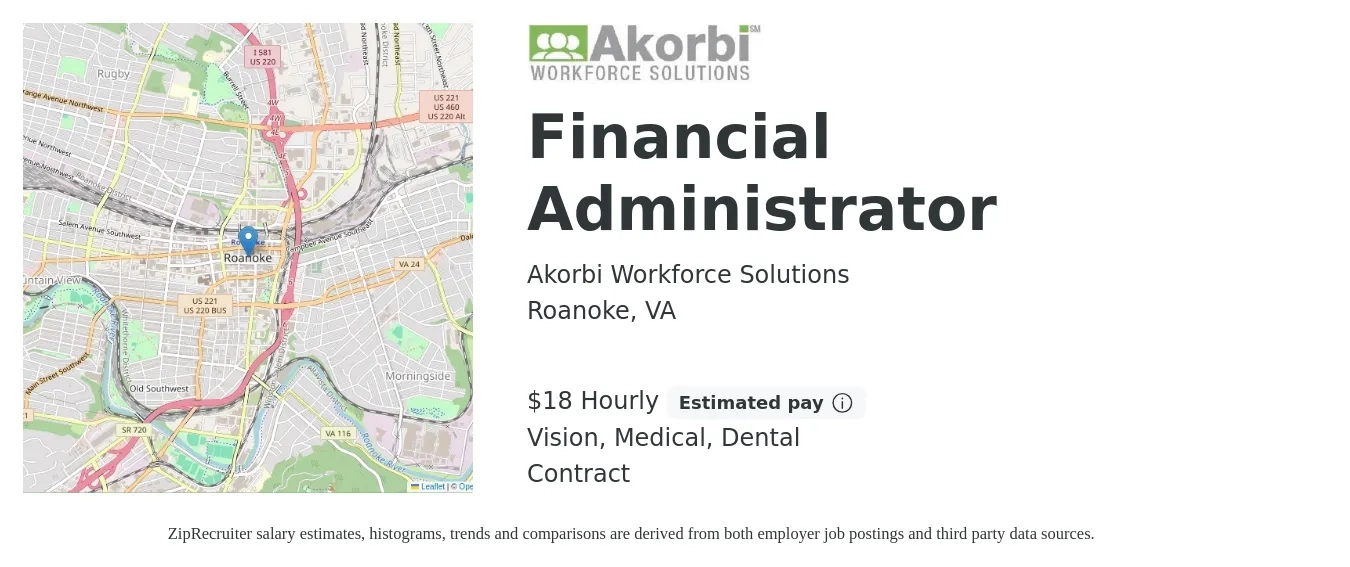 Akorbi Workforce Solutions job posting for a Financial Administrator in Roanoke, VA with a salary of $19 to $20 Hourly and benefits including dental, medical, retirement, and vision with a map of Roanoke location.