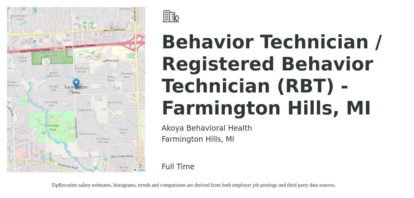 Akoya Behavioral Health job posting for a Behavior Technician / Registered Behavior Technician (RBT) - Farmington Hills, MI in Farmington Hills, MI with a salary of $18 to $23 Hourly with a map of Farmington Hills location.