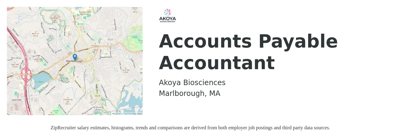 Akoya Biosciences job posting for a Accounts Payable Accountant in Marlborough, MA with a salary of $26 to $35 Hourly with a map of Marlborough location.