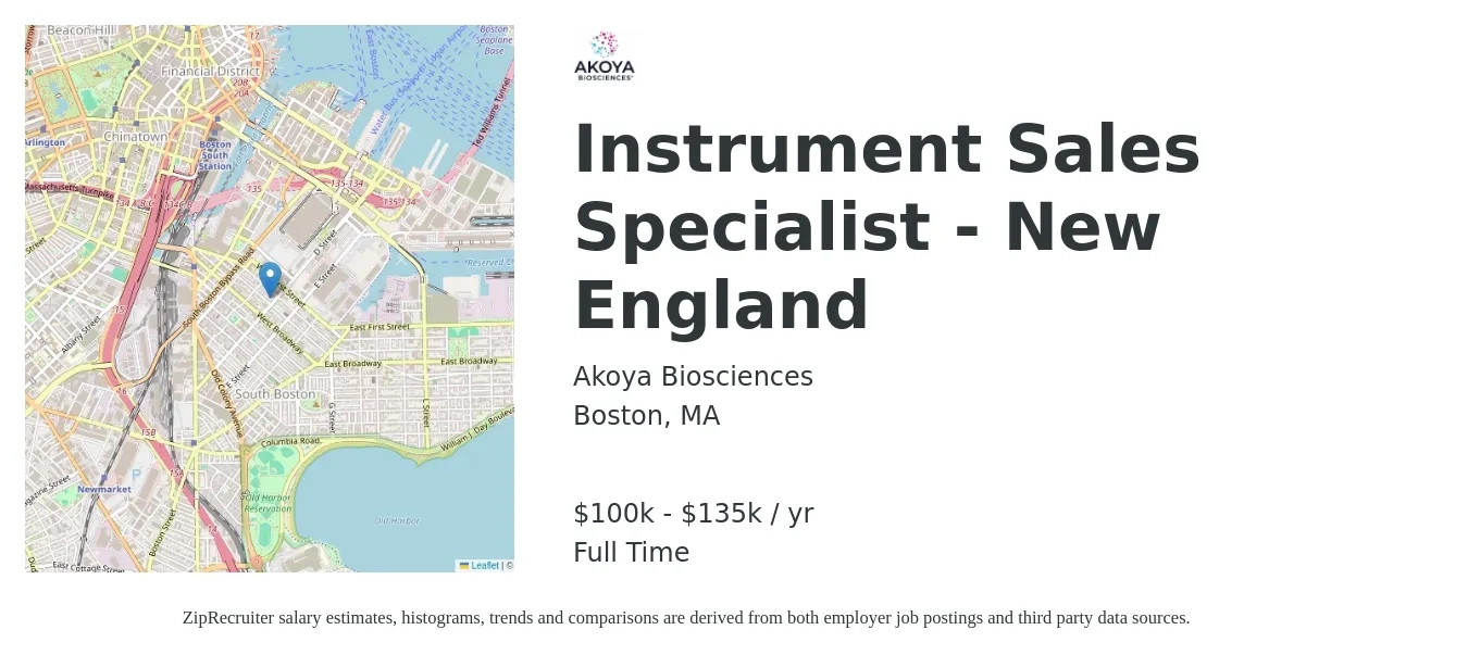 Akoya Biosciences, Inc. job posting for a Instrument Sales Specialist - New England in Boston, MA with a salary of $100,000 to $135,000 Yearly with a map of Boston location.