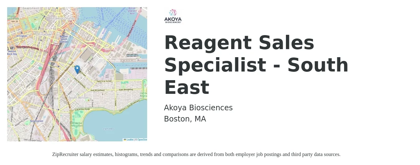 Akoya Biosciences job posting for a Reagent Sales Specialist - South East in Boston, MA with a salary of $90,000 to $125,000 Yearly with a map of Boston location.