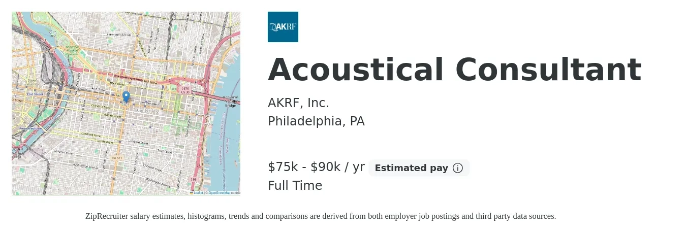 AKRF, Inc. job posting for a Acoustical Consultant in Philadelphia, PA with a salary of $75,000 to $90,000 Yearly with a map of Philadelphia location.