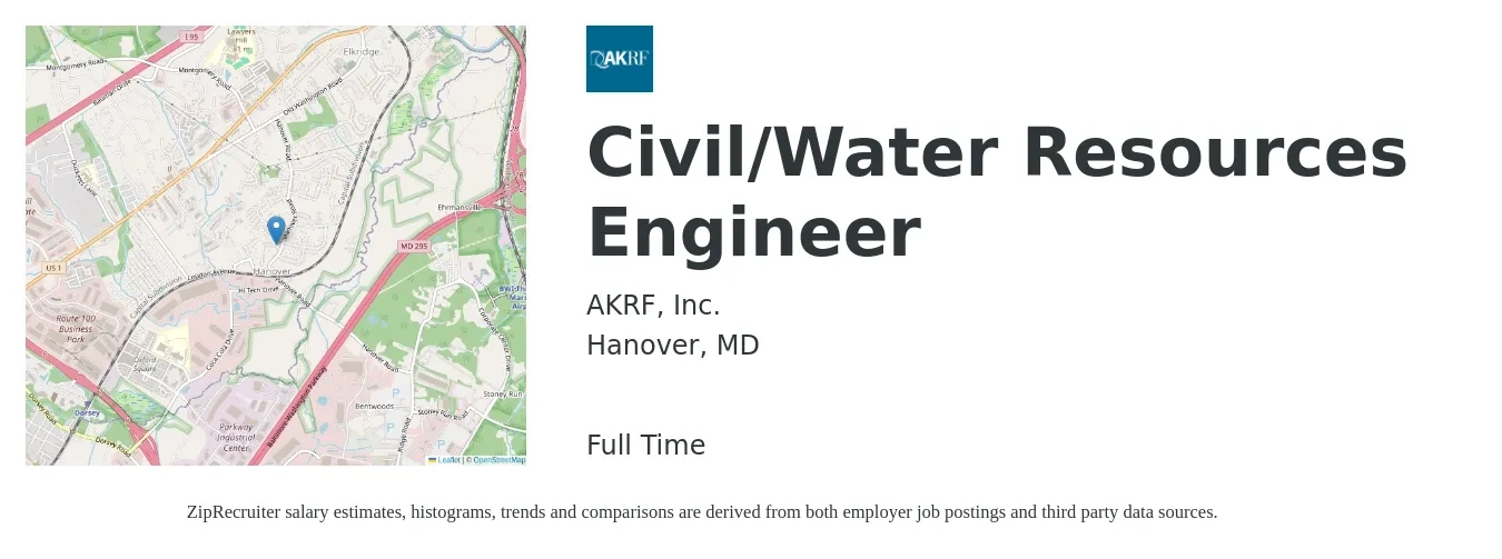 AKRF, Inc. job posting for a Civil/Water Resources Engineer in Hanover, MD with a salary of $66,500 to $97,000 Yearly with a map of Hanover location.