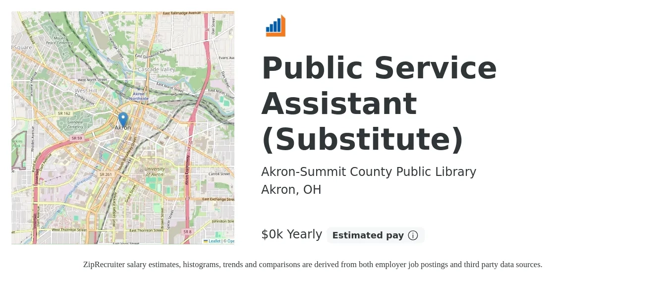 Akron-Summit County Public Library job posting for a Public Service Assistant (Substitute) in Akron, OH with a salary of $15 Yearly with a map of Akron location.