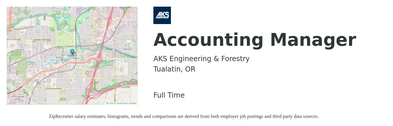 AKS Engineering & Forestry job posting for a Accounting Manager in Tualatin, OR with a salary of $81,200 to $116,600 Yearly with a map of Tualatin location.