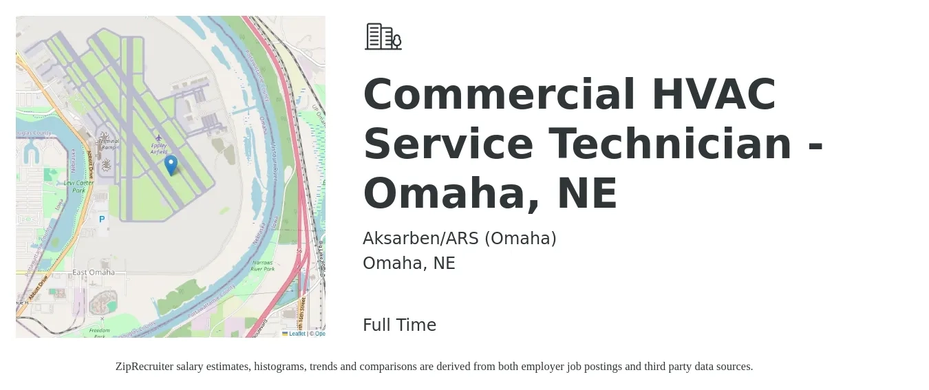 Aksarben/ARS (Omaha) job posting for a Commercial HVAC Service Technician - Omaha, NE in Omaha, NE with a salary of $29 to $37 Hourly with a map of Omaha location.