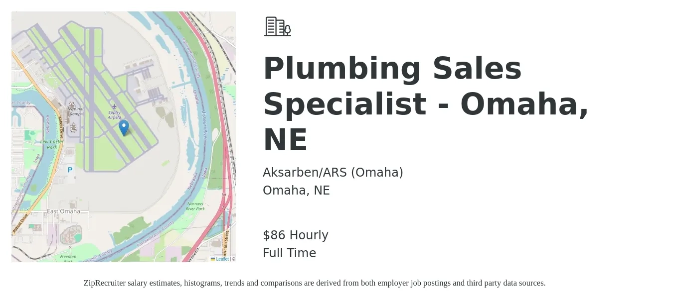 Aksarben/ARS (Omaha) job posting for a Plumbing Sales Specialist - Omaha, NE in Omaha, NE with a salary of $90 Hourly with a map of Omaha location.