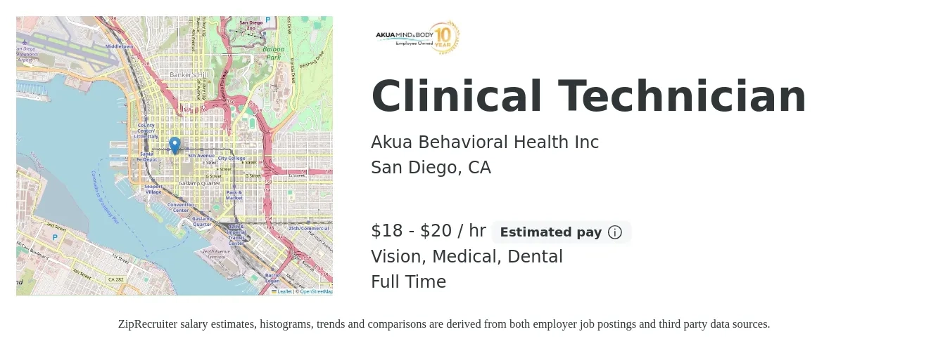 Akua Behavioral Health Inc job posting for a Clinical Technician in San Diego, CA with a salary of $19 to $21 Hourly and benefits including dental, life_insurance, medical, pto, and vision with a map of San Diego location.