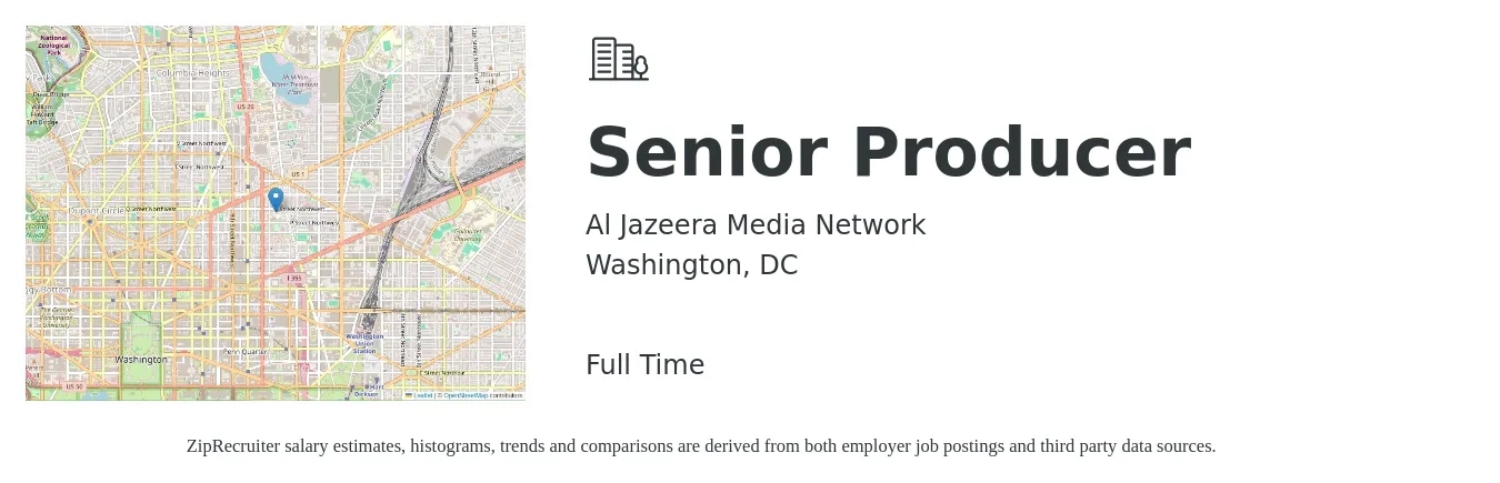 Al Jazeera Media Network job posting for a Senior Producer in Washington, DC with a salary of $83,300 to $138,700 Yearly with a map of Washington location.