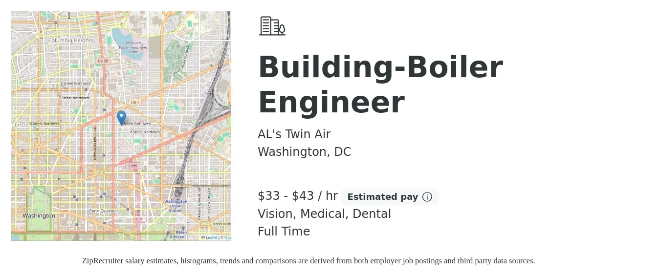 AL's Twin Air job posting for a Building-Boiler Engineer in Washington, DC with a salary of $35 to $45 Hourly and benefits including retirement, vision, dental, life_insurance, medical, and pto with a map of Washington location.