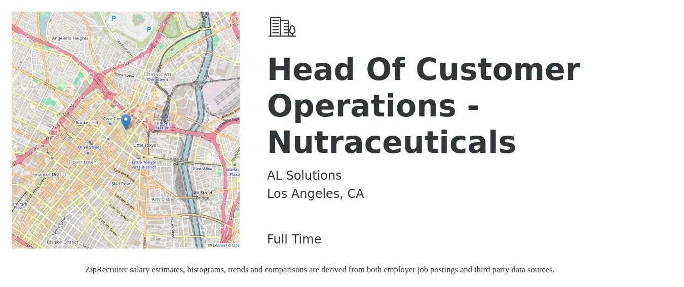 AL Solutions job posting for a Head Of Customer Operations - Nutraceuticals in Los Angeles, CA with a salary of $144,400 Yearly with a map of Los Angeles location.