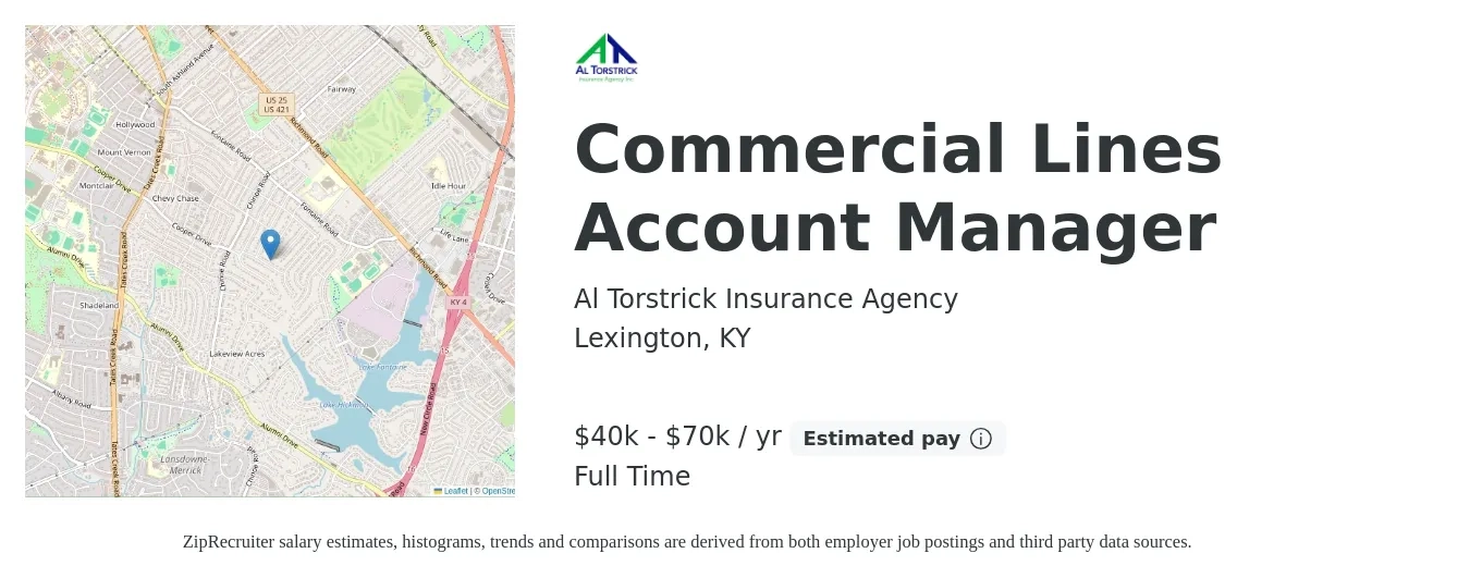 Al Torstrick Insurance Agency job posting for a Commercial Lines Account Manager in Lexington, KY with a salary of $40,000 to $70,000 Yearly with a map of Lexington location.