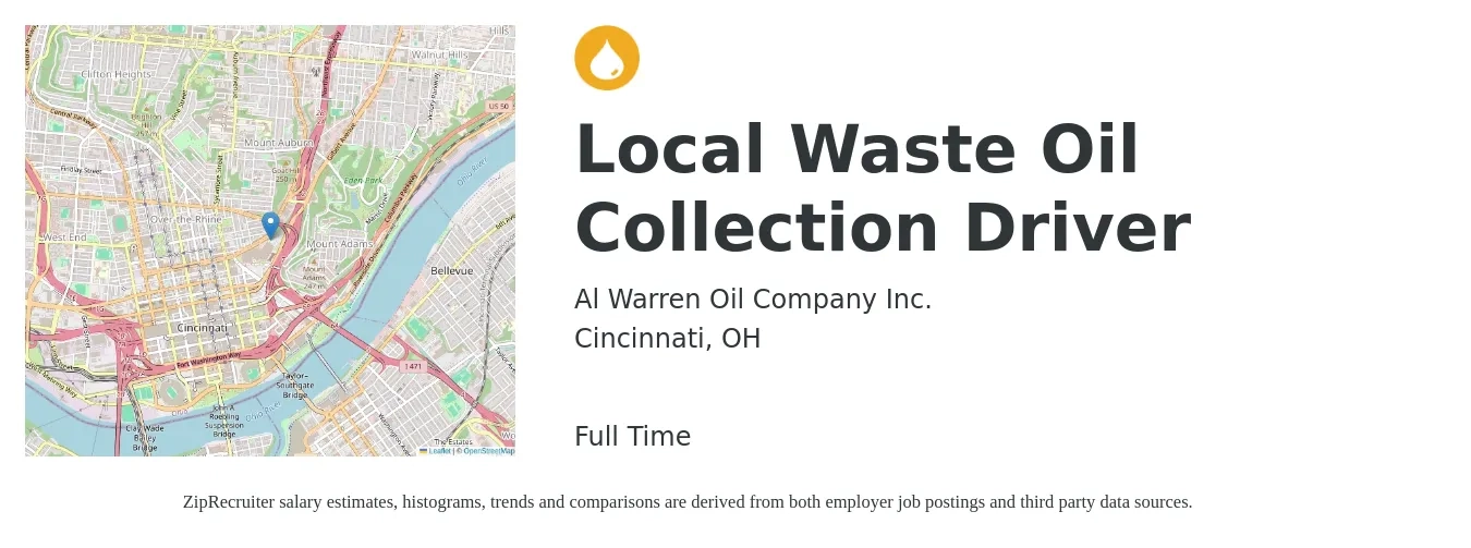 Al Warren Oil Company Inc. job posting for a Local Waste Oil Collection Driver in Cincinnati, OH with a salary of $20 to $30 Hourly with a map of Cincinnati location.