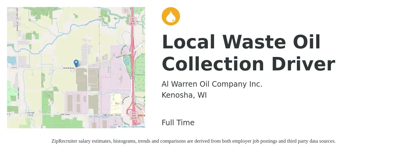 Al Warren Oil Company Inc. job posting for a Local Waste Oil Collection Driver in Kenosha, WI with a salary of $20 to $30 Hourly with a map of Kenosha location.