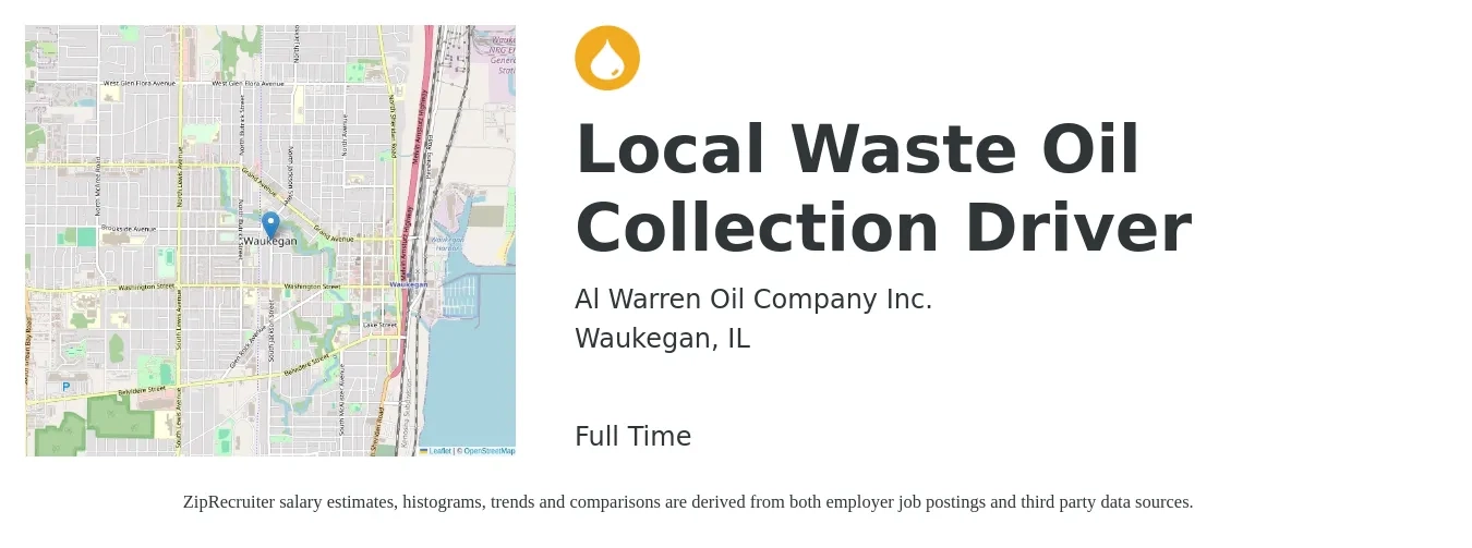 Al Warren Oil Company Inc. job posting for a Local Waste Oil Collection Driver in Waukegan, IL with a salary of $20 to $29 Hourly with a map of Waukegan location.