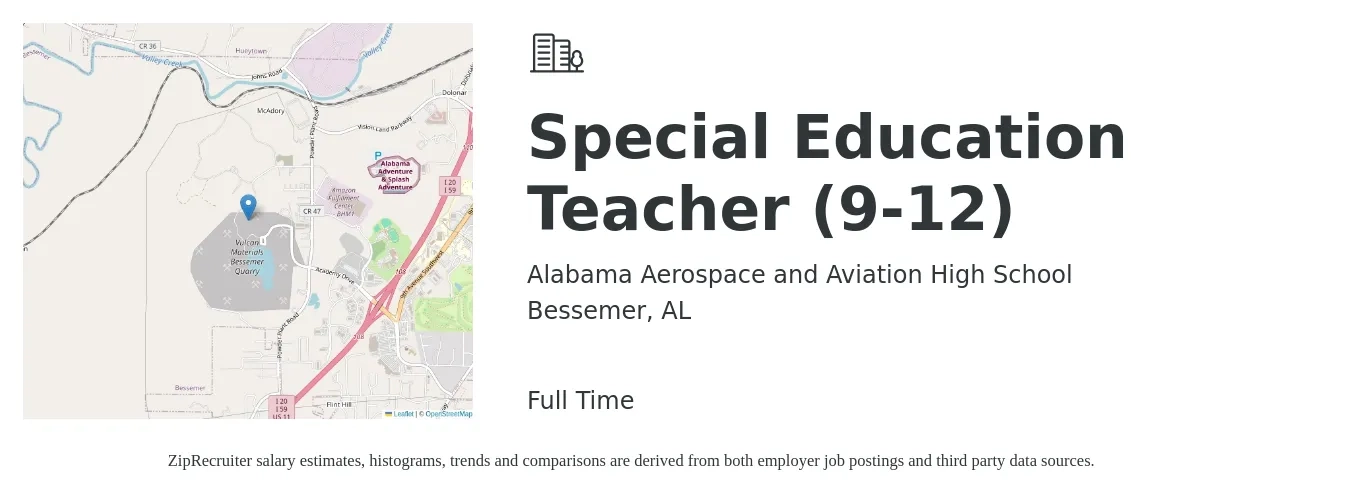 Alabama Aerospace and Aviation High School job posting for a Special Education Teacher (9-12) in Bessemer, AL with a salary of $45,200 to $59,700 Yearly with a map of Bessemer location.