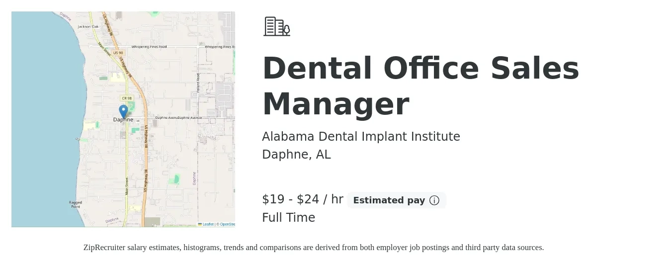 Alabama Dental Implant Institute job posting for a Dental Office Sales Manager in Daphne, AL with a salary of $20 to $25 Hourly with a map of Daphne location.
