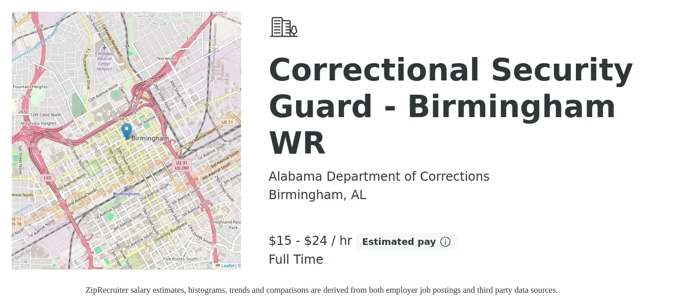 Alabama Department of Corrections job posting for a Correctional Security Guard - Birmingham WR in Birmingham, AL with a salary of $16 to $26 Hourly with a map of Birmingham location.