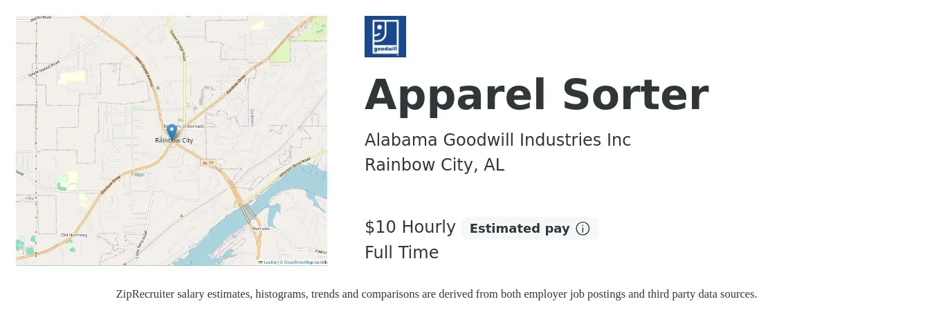 Alabama Goodwill Industries Inc job posting for a Apparel Sorter in Rainbow City, AL with a salary of $11 Hourly with a map of Rainbow City location.