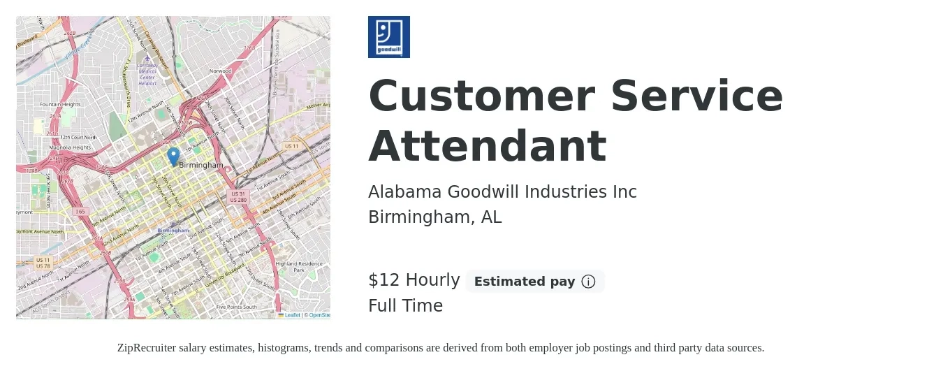 Alabama Goodwill Industries Inc job posting for a Customer Service Attendant in Birmingham, AL with a salary of $13 Hourly with a map of Birmingham location.