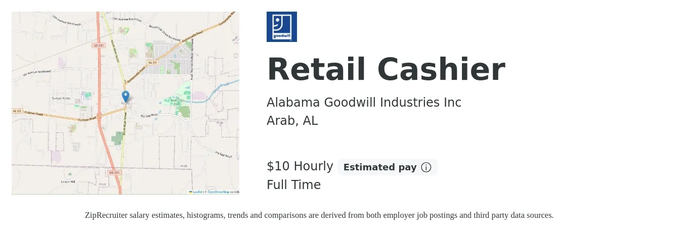 Alabama Goodwill Industries Inc job posting for a Retail Cashier in Arab, AL with a salary of $11 Hourly with a map of Arab location.