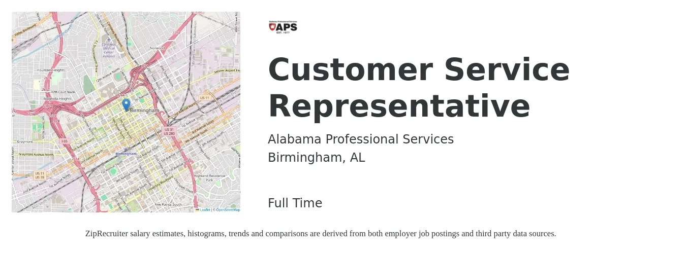 Alabama Professional Services job posting for a Customer Service Representative in Birmingham, AL with a salary of $15 to $17 Hourly with a map of Birmingham location.