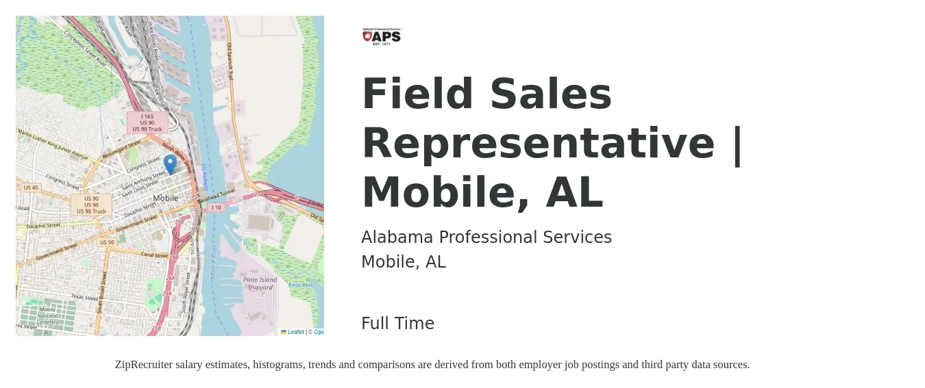 Alabama Professional Services job posting for a Field Sales Representative | Mobile, AL in Mobile, AL with a salary of $75,000 to $100,000 Yearly with a map of Mobile location.