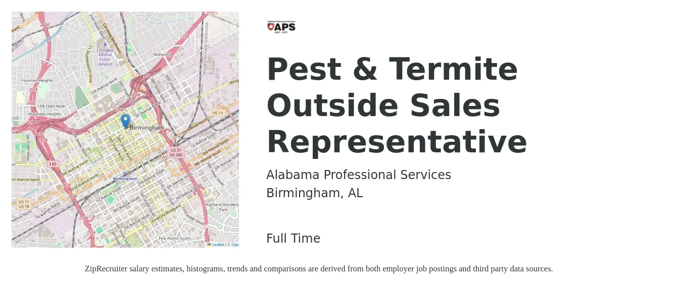 Alabama Professional Services job posting for a Pest & Termite Outside Sales Representative in Birmingham, AL with a salary of $49,200 to $84,300 Yearly with a map of Birmingham location.