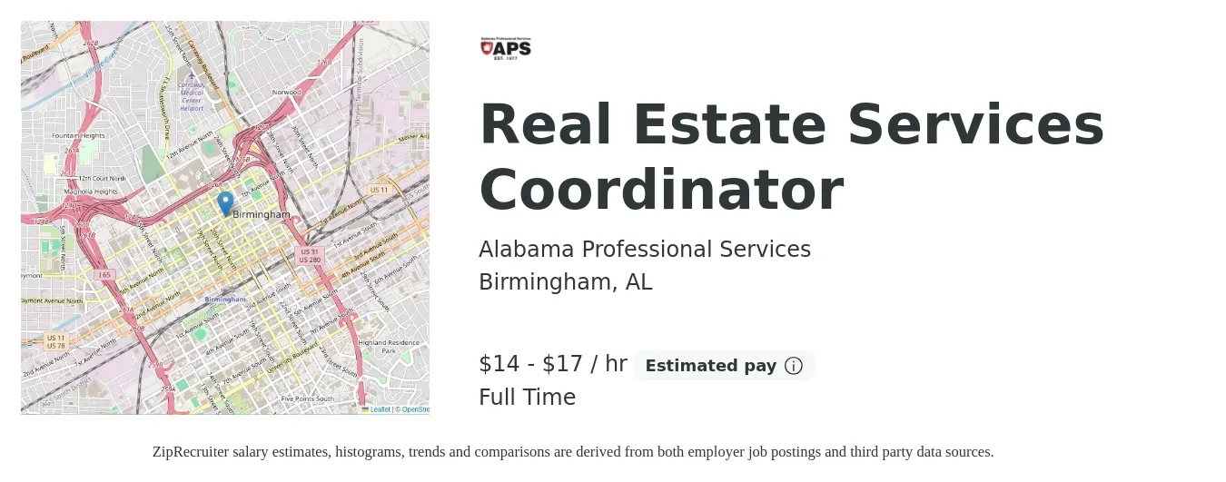 Alabama Professional Services job posting for a Real Estate Services Coordinator in Birmingham, AL with a salary of $15 to $18 Hourly with a map of Birmingham location.