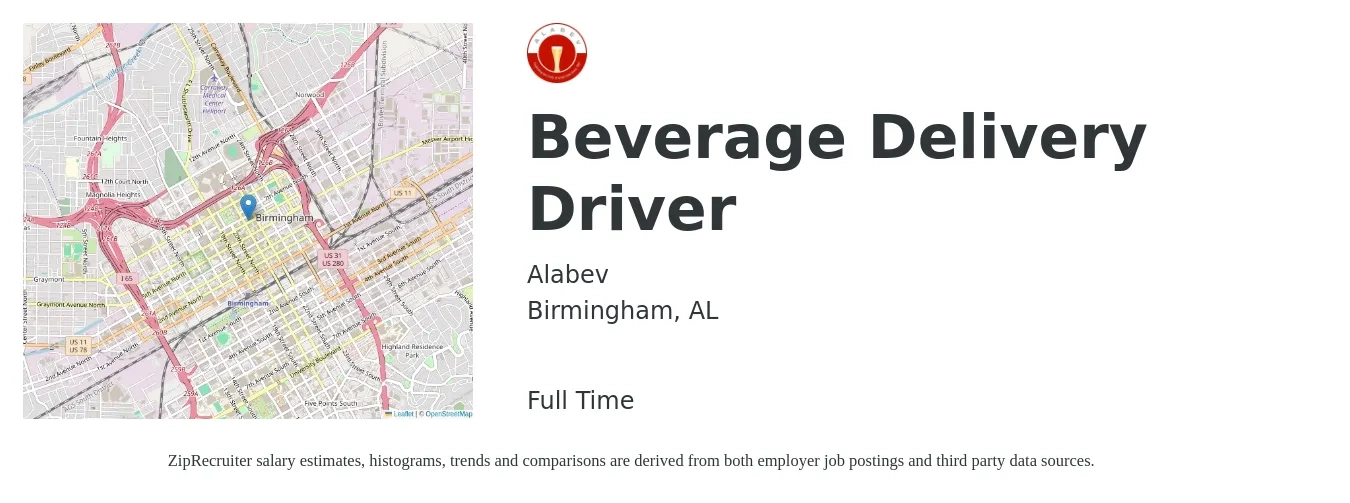 Alabev job posting for a Beverage Delivery Driver in Birmingham, AL with a salary of $16 to $20 Hourly with a map of Birmingham location.