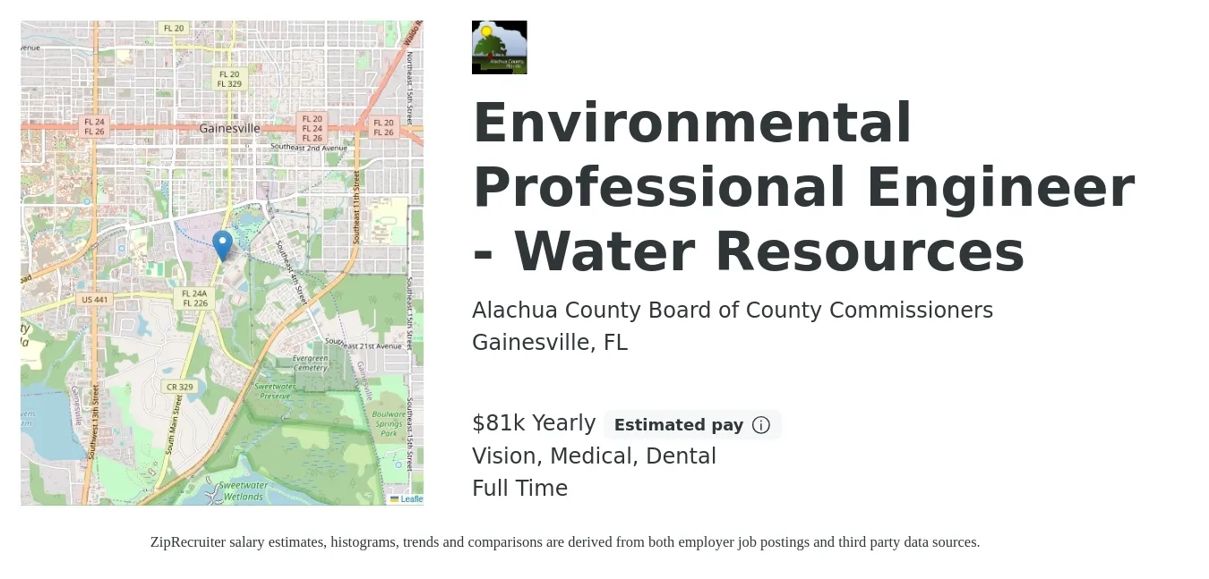 Alachua County Board of County Commissioners job posting for a Environmental Professional Engineer - Water Resources in Gainesville, FL with a salary of $81,099 Yearly and benefits including retirement, vision, dental, life_insurance, and medical with a map of Gainesville location.
