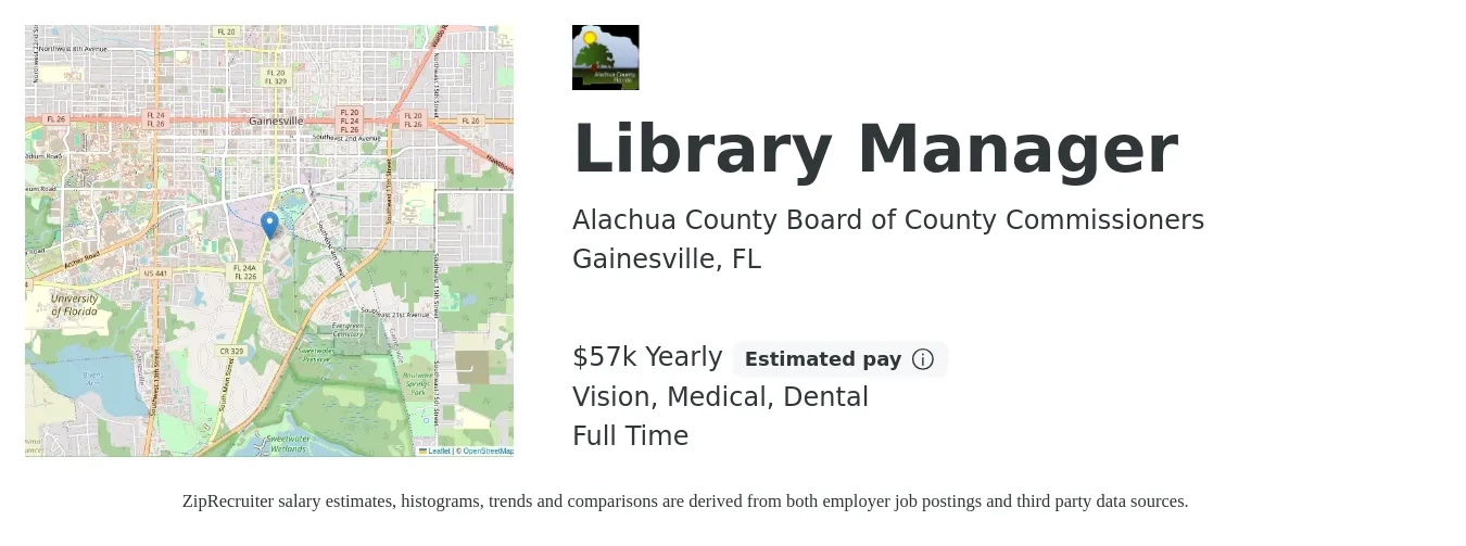 Alachua County Board of County Commissioners job posting for a Library Manager in Gainesville, FL with a salary of $57,054 Yearly and benefits including medical, retirement, vision, dental, and life_insurance with a map of Gainesville location.