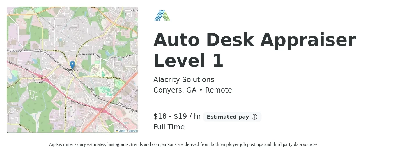 Alacrity Solutions job posting for a Auto Desk Appraiser Level 1 in Conyers, GA with a salary of $19 to $20 Hourly with a map of Conyers location.
