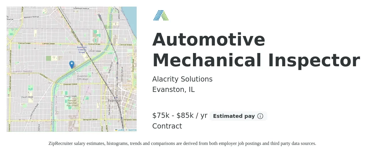 Alacrity Solutions job posting for a Automotive Mechanical Inspector in Evanston, IL with a salary of $75,000 to $85,000 Yearly with a map of Evanston location.